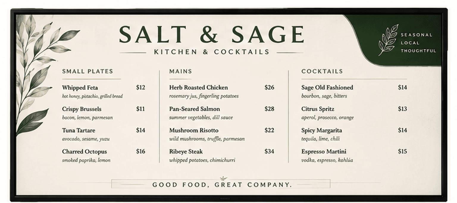 Botanical menu board design for Salt & Sage
