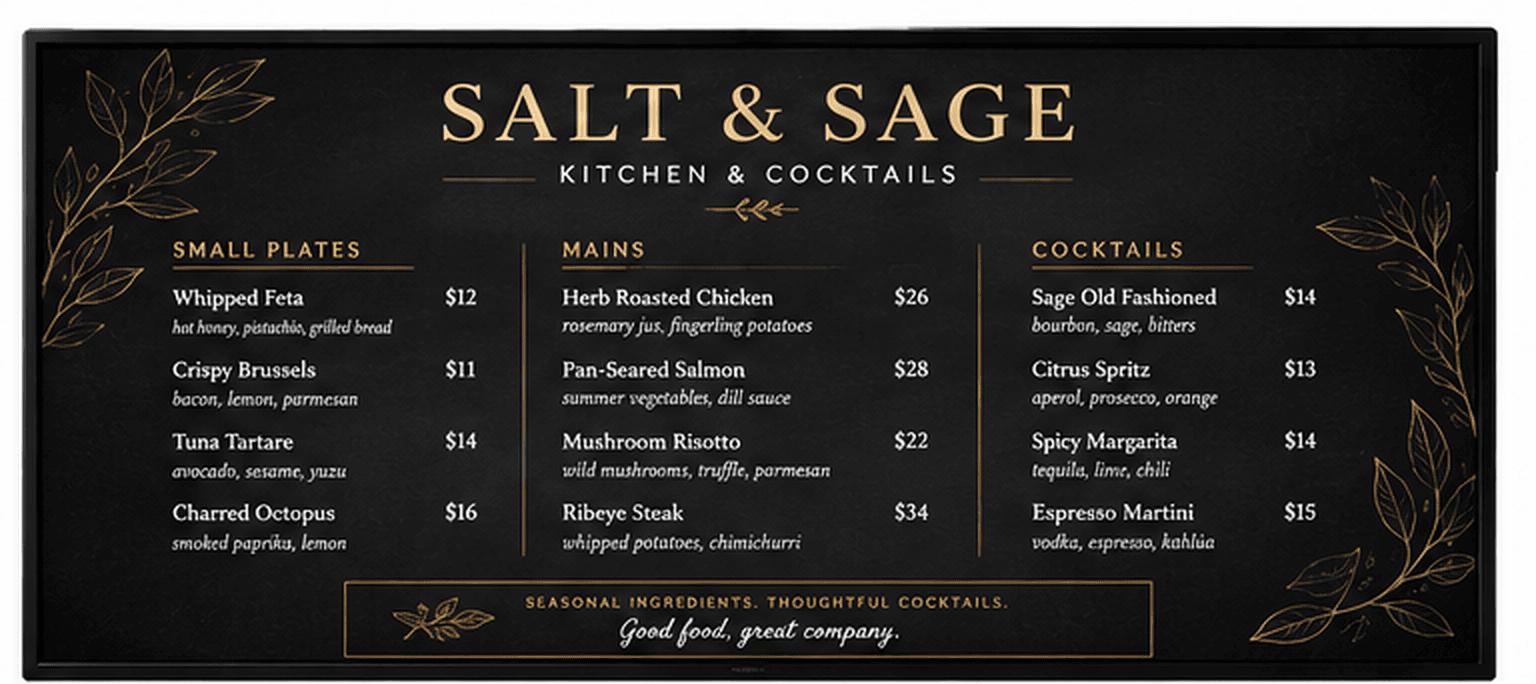 After Dark menu board design for Salt & Sage